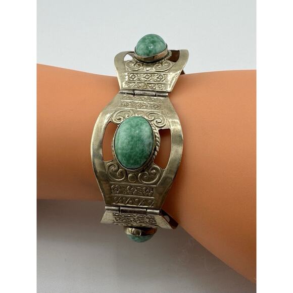 925 Sterling Silver Vintage Mexico Jade Peking Glass Panel Link Bracelet - Picture 4 of 10